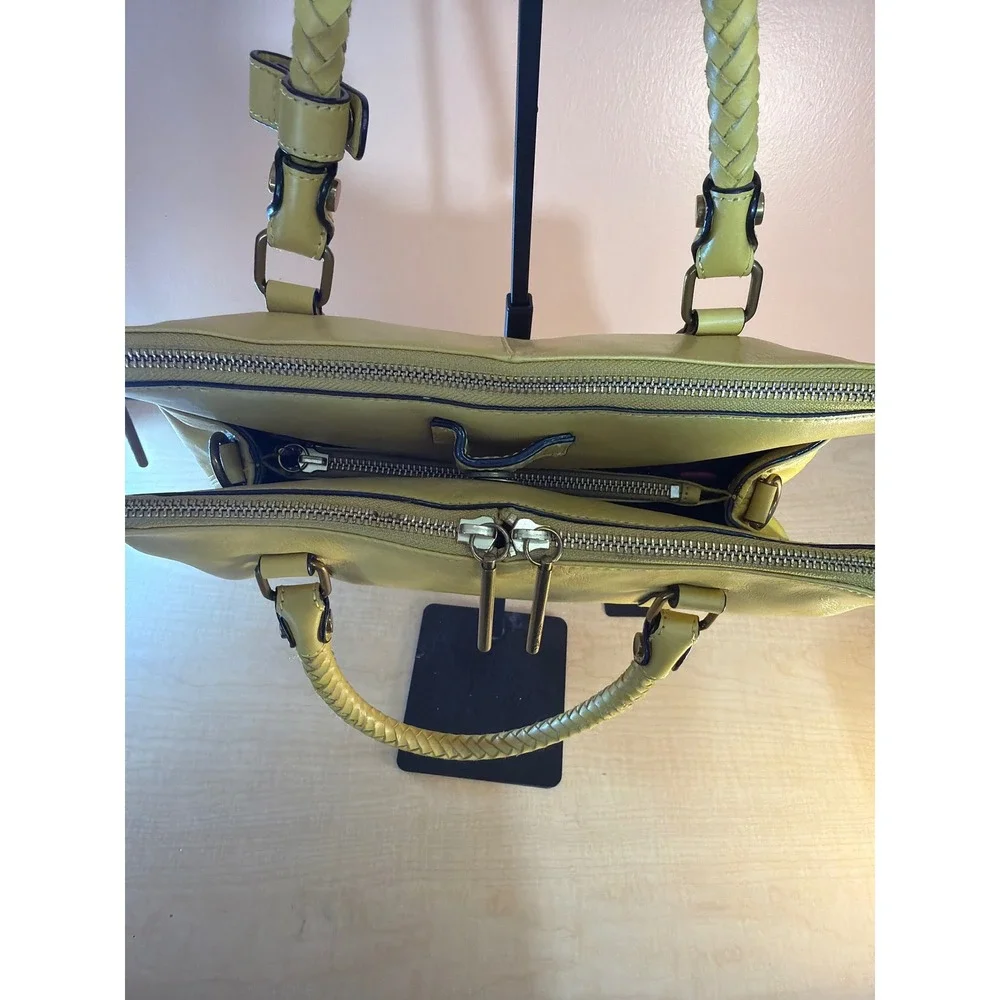 Elliott Lucca Yellow Leather Satchel Bag Braided Handles Triple Compartment